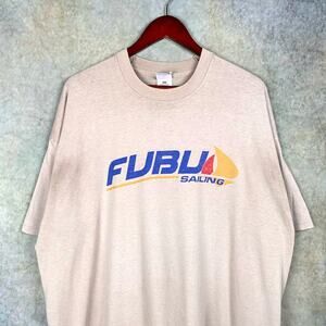 Vintage Fubu Sailing T Shirt Mens Sz XXL Y2K Tan Beige Sailboat Nautical Graphic